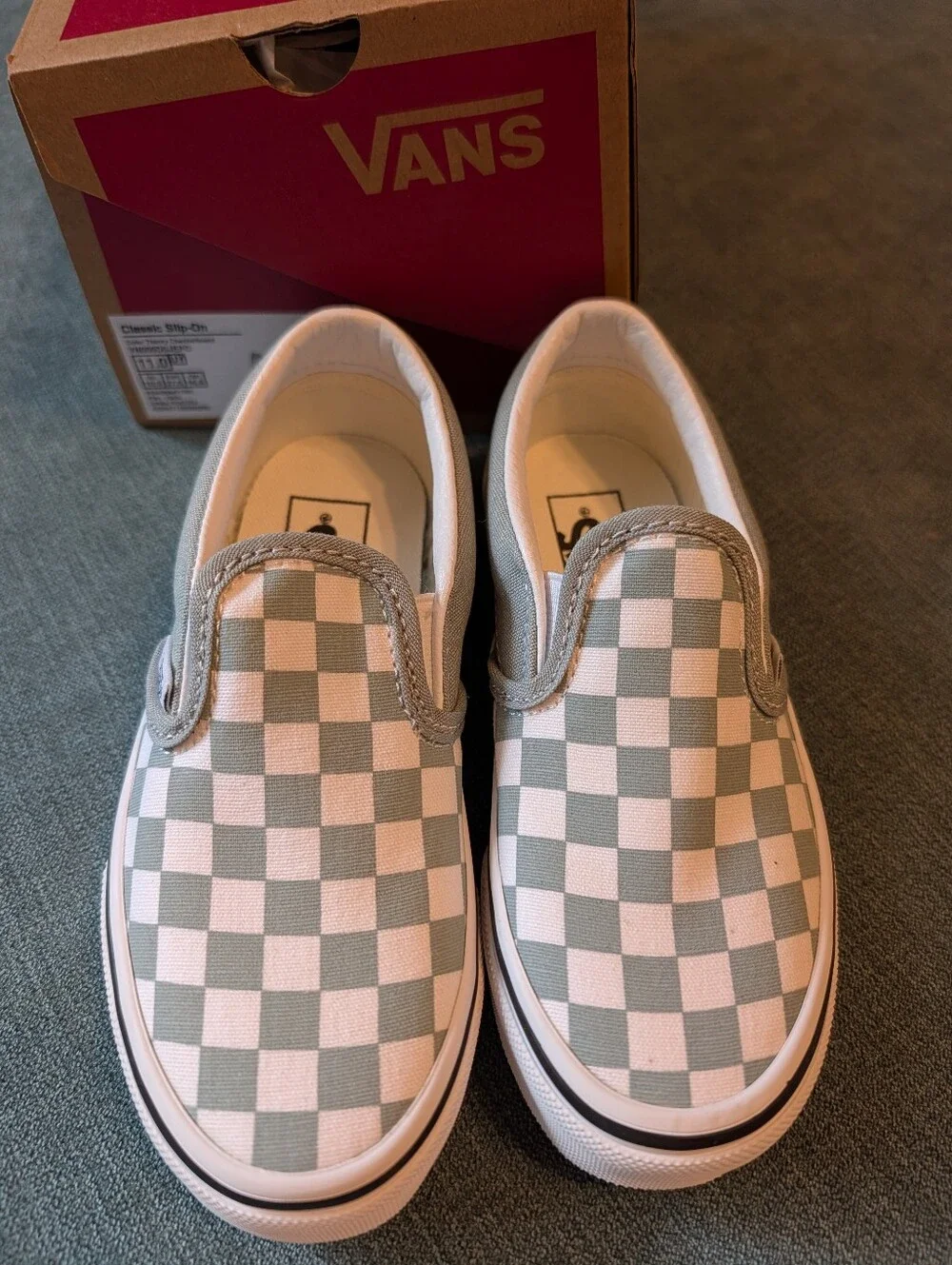 NWT Sz 11 Vans Little Kids Classic Slip-On Checkerboard Shoe Pure Gray/White